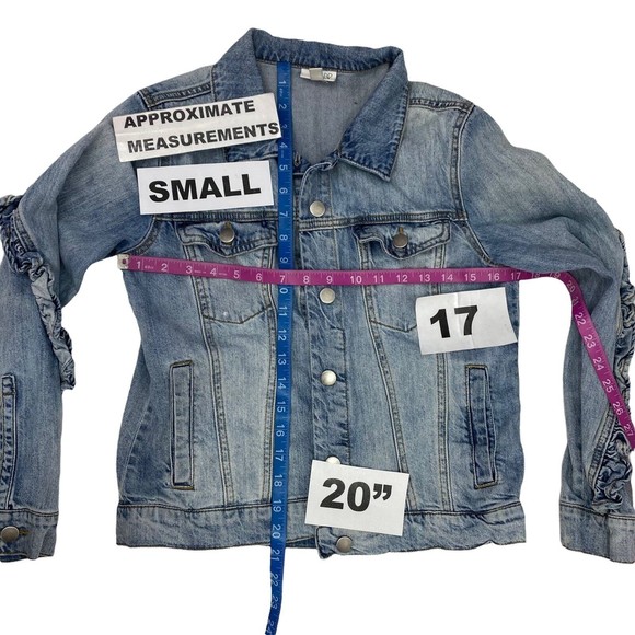 BP Womens Ruffle Denim Jacket Top Combo Size Small Blue Pink Pockets - Picture 9 of 12